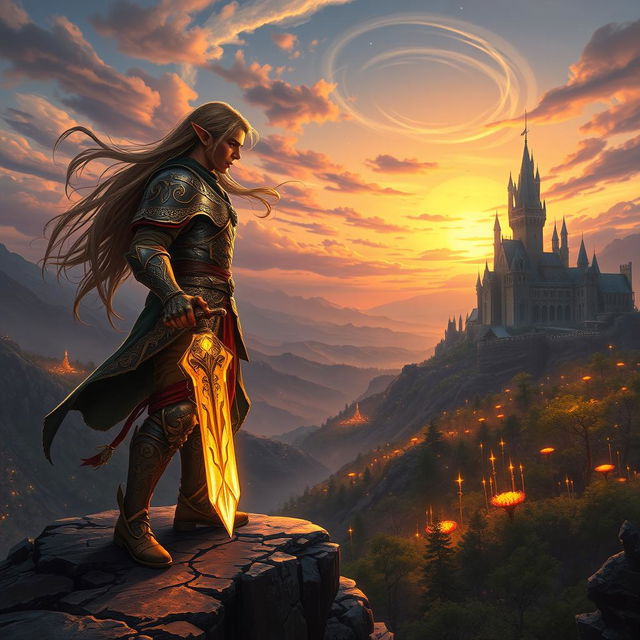A vivid and immersive Dungeons & Dragons scene depicting a heroic elf warrior standing majestically on a rocky cliff overlooking a mystical valley bathed in twilight