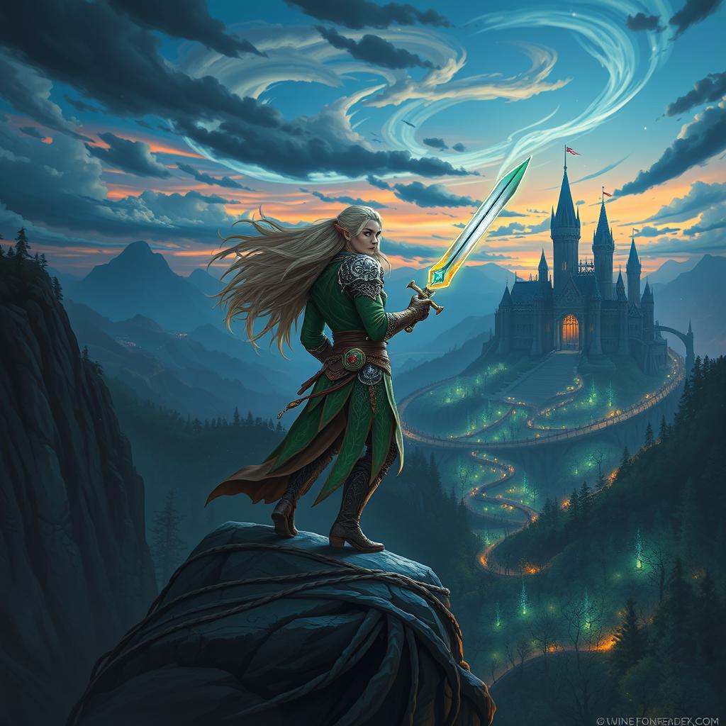 A vivid and immersive Dungeons & Dragons scene depicting a heroic elf warrior standing majestically on a rocky cliff overlooking a mystical valley bathed in twilight