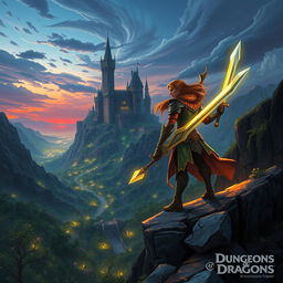 A vivid and immersive Dungeons & Dragons scene depicting a heroic elf warrior standing majestically on a rocky cliff overlooking a mystical valley bathed in twilight