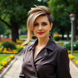 An alluring Russian woman aged 45-50, showcasing a trendy and fashionable hairstyle