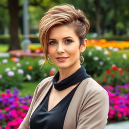 An alluring Russian woman aged 45-50, showcasing a trendy and fashionable hairstyle
