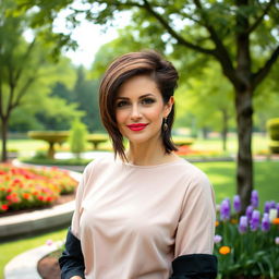 An alluring Russian woman aged 45-50, showcasing a trendy and fashionable hairstyle