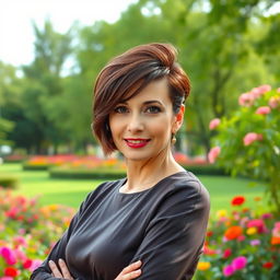 A captivating Russian woman aged 45-50 with a chic, fashionable hairstyle