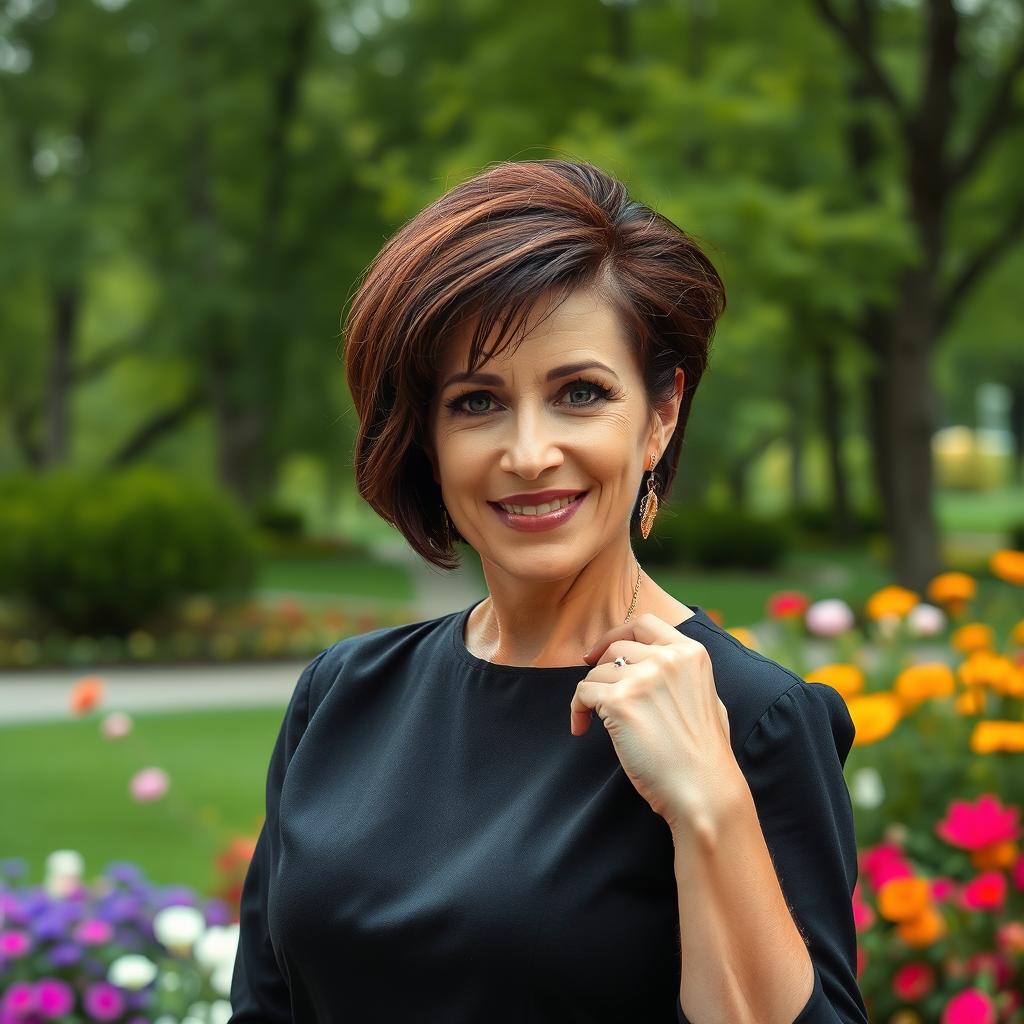 A captivating Russian woman aged 45-50 with a chic, fashionable hairstyle
