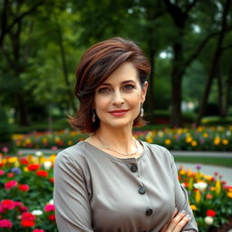A captivating Russian woman aged 45-50 with a chic, fashionable hairstyle