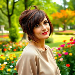 A captivating Russian woman aged 45-50 with a chic, fashionable hairstyle