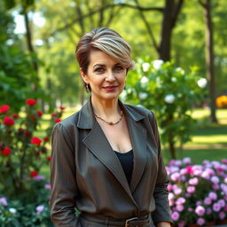 A sexy Russian woman aged 45-50 with a trendy and stylish hairstyle