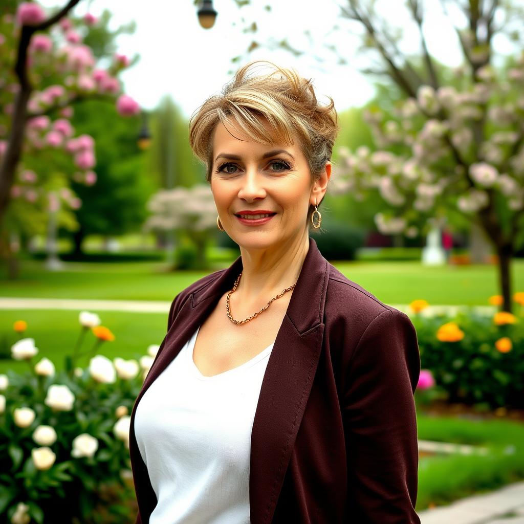 A sexy Russian woman aged 45-50 with a trendy and stylish hairstyle