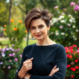A sexy Russian woman aged 45-50 with a trendy and stylish hairstyle