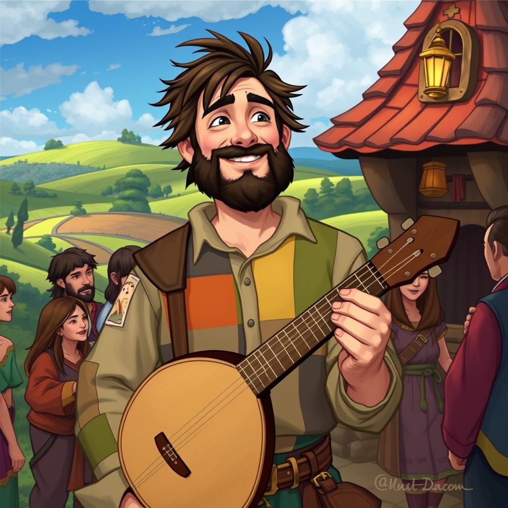 Maximiliano, a 30-year-old bard with a whimsical appearance, stands in a vibrant fantasy village