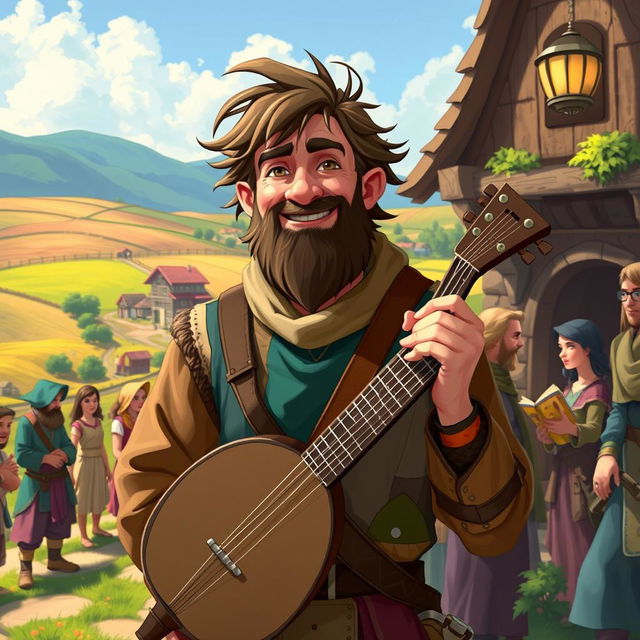 Maximiliano, a 30-year-old bard with a whimsical appearance, stands in a vibrant fantasy village