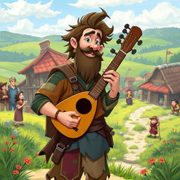 Maximiliano, a 30-year-old bard with a whimsical appearance, stands in a vibrant fantasy village
