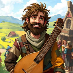 Maximiliano, a 30-year-old bard with a whimsical appearance, stands in a vibrant fantasy village