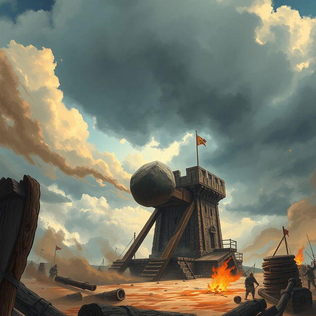 A mighty wooden catapult launching a massive stone towards a medieval tower under a dramatic cloudy sky