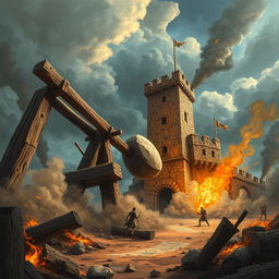 A mighty wooden catapult launching a massive stone towards a medieval tower under a dramatic cloudy sky