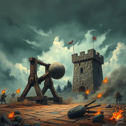A mighty wooden catapult launching a massive stone towards a medieval tower under a dramatic cloudy sky