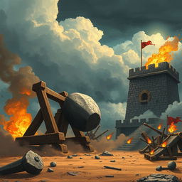 A mighty wooden catapult launching a massive stone towards a medieval tower under a dramatic cloudy sky