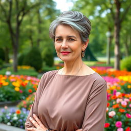 A beautiful Russian woman aged 45-50 with a stylish and modern hairstyle