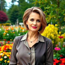 A beautiful Russian woman aged 45-50 with a stylish and modern hairstyle