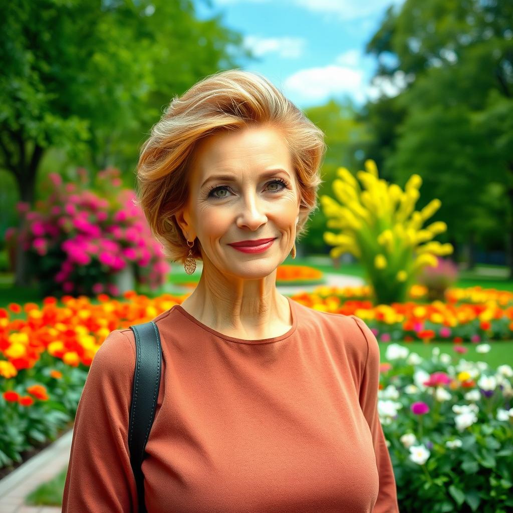 A beautiful Russian woman aged 45-50 with a stylish and modern hairstyle