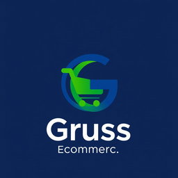 A modern and sleek logo design for 'Gruss Ecommerce', featuring a stylized letter 'G' intertwined with an abstract shopping cart or digital elements to symbolize online shopping
