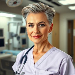 A sexy Russian nurse aged 45-50 with a fashionable and modern hairstyle