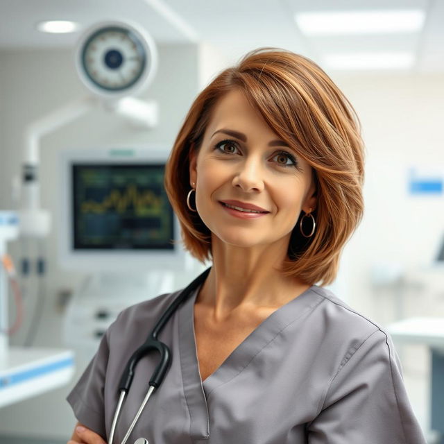 A sexy Russian nurse aged 45-50 with a fashionable and modern hairstyle
