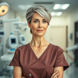 A sexy Russian nurse aged 45-50 with a fashionable and modern hairstyle