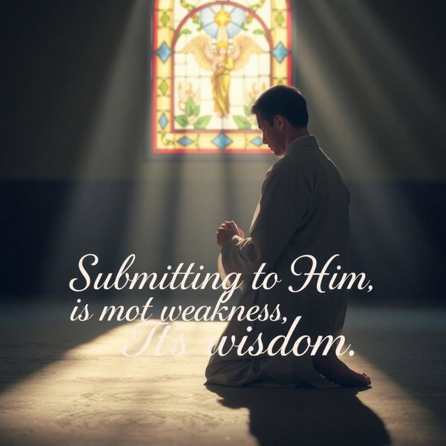 A serene and inspiring scene depicting a man in deep prayer, kneeling on a soft carpet in a tranquil space