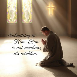 A serene and inspiring scene depicting a man in deep prayer, kneeling on a soft carpet in a tranquil space