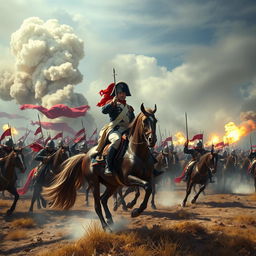 A dynamic scene featuring Napoleon Bonaparte on horseback, confidently positioned at the forefront of his army