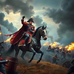 A dynamic scene featuring Napoleon Bonaparte on horseback, confidently positioned at the forefront of his army