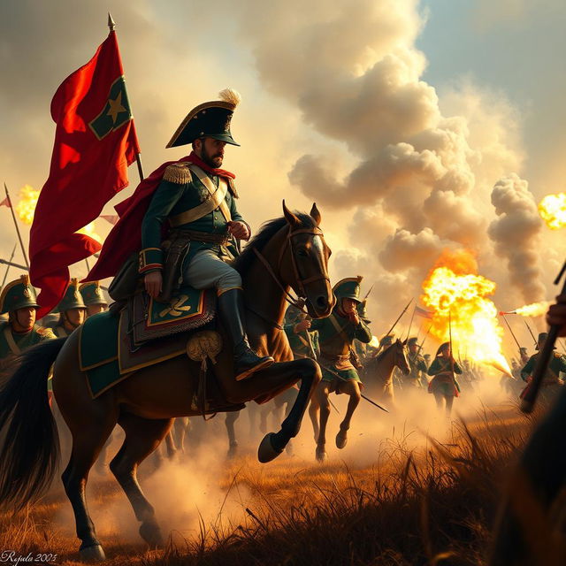 A dynamic scene featuring Napoleon Bonaparte on horseback, confidently positioned at the forefront of his army