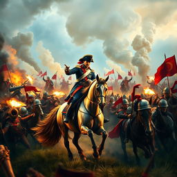 A dynamic scene featuring Napoleon Bonaparte on horseback, confidently positioned at the forefront of his army