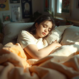 A serene portrait of Billie Eilish peacefully sleeping in a cozy bedroom
