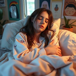 A serene portrait of Billie Eilish peacefully sleeping in a cozy bedroom