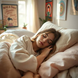 A serene portrait of Billie Eilish peacefully sleeping in a cozy bedroom