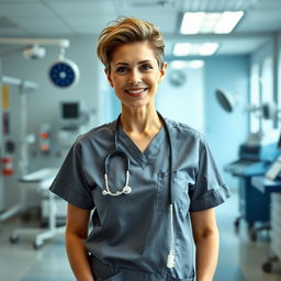 A sexy Russian nurse aged 45-50 with a trendy, fashionable hairstyle
