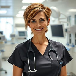A sexy Russian nurse aged 45-50 with a trendy, fashionable hairstyle