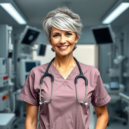 A sexy Russian nurse aged 45-50 with a trendy, fashionable hairstyle