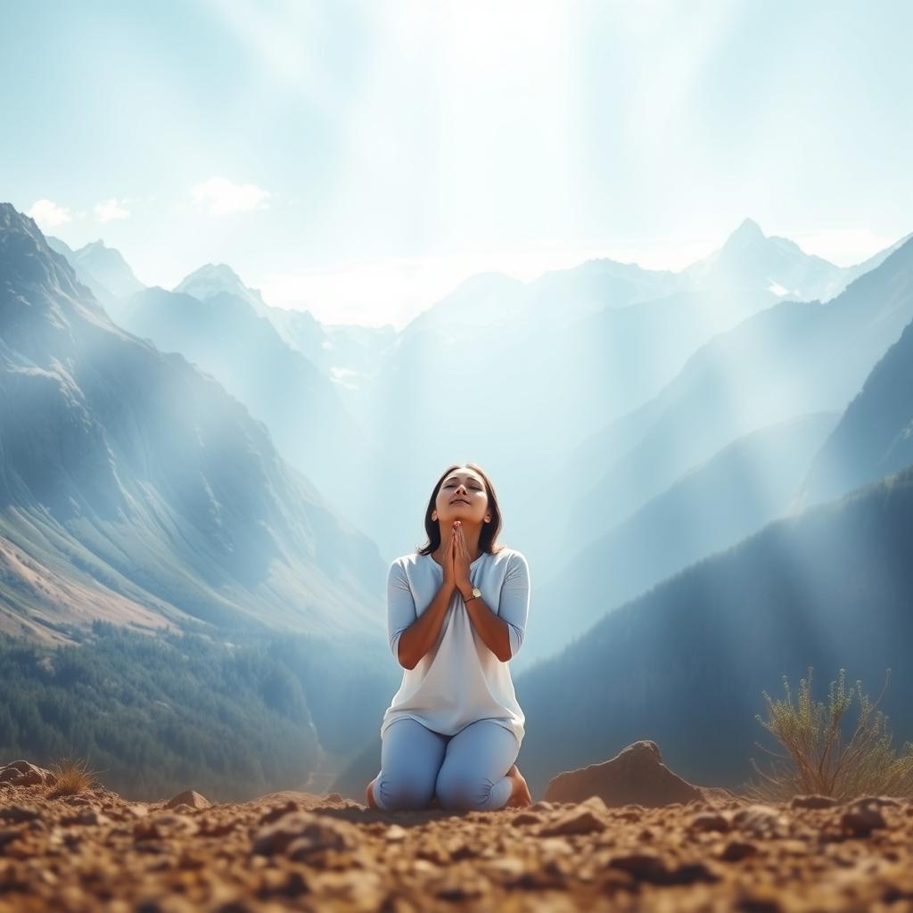 A serene and powerful image of a person kneeling in prayer, symbolizing submission and devotion to God, surrounded by an ethereal light that represents divine wisdom and guidance
