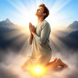 A serene and powerful image of a person kneeling in prayer, symbolizing submission and devotion to God, surrounded by an ethereal light that represents divine wisdom and guidance