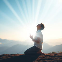 A serene and powerful image of a person kneeling in prayer, symbolizing submission and devotion to God, surrounded by an ethereal light that represents divine wisdom and guidance