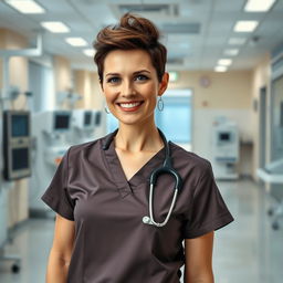 A sexy Russian nurse aged 45-50 with a trendy, stylish hairstyle