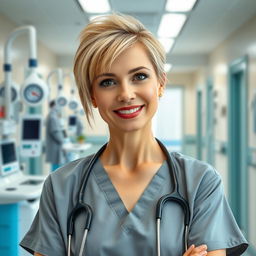 A sexy Russian nurse aged 45-50 with a trendy, stylish hairstyle