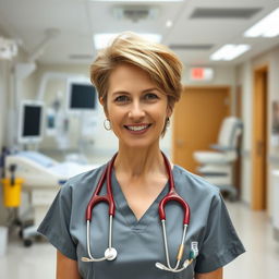 A sexy Russian nurse aged 45-50 with a trendy, stylish hairstyle
