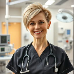 A sexy Russian nurse aged 45-50 with a trendy, stylish hairstyle