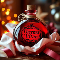A round, vibrant red potion bottle with a beautifully designed label that reads 'Therma Vitae', elegantly positioned as a gift