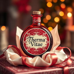 A round, vibrant red potion bottle with a beautifully designed label that reads 'Therma Vitae', elegantly positioned as a gift