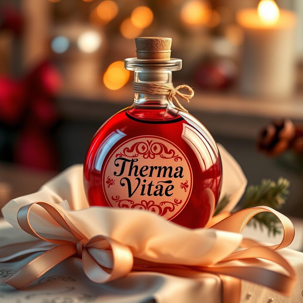 A round, vibrant red potion bottle with a beautifully designed label that reads 'Therma Vitae', elegantly positioned as a gift